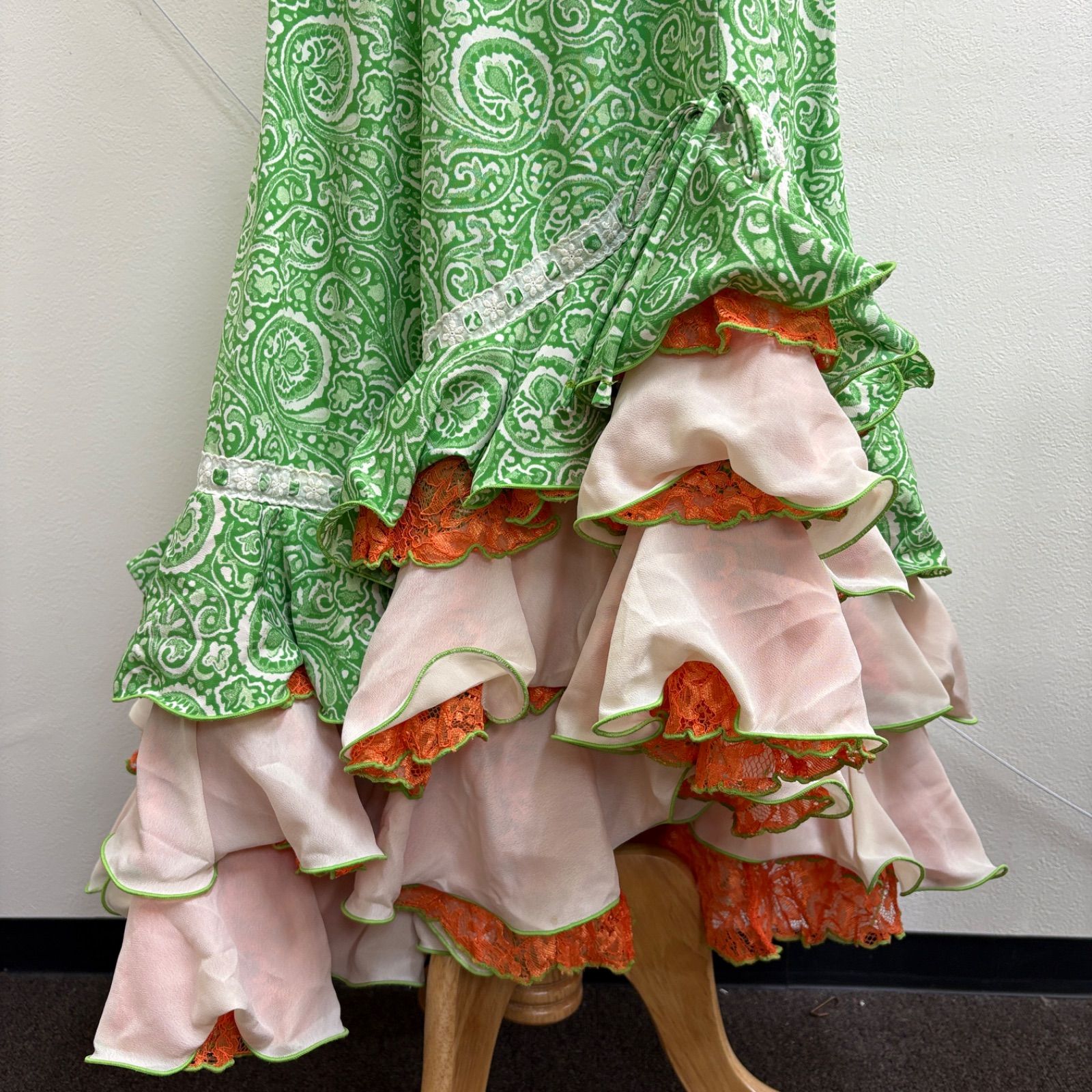 HERMOSA】 フラメンコ衣装 スカート グリーン オレンジ フリル レース