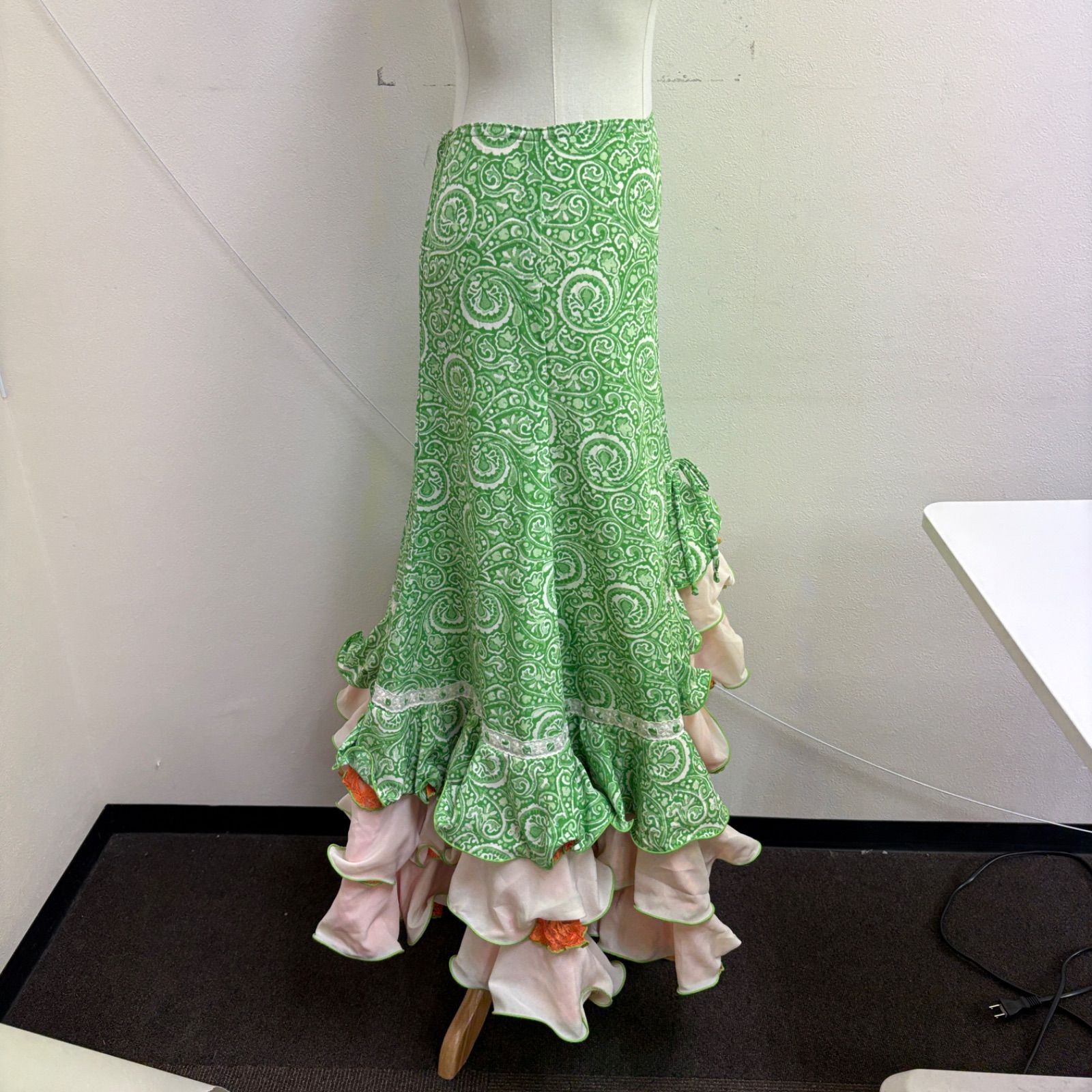 HERMOSA】 フラメンコ衣装 スカート ファルダ グリーン オレンジ