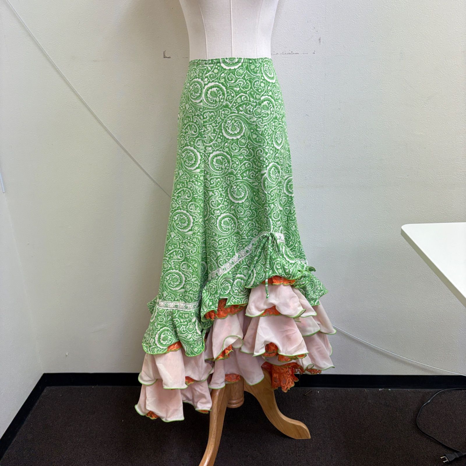 HERMOSA】 フラメンコ衣装 スカート グリーン オレンジ フリル レース