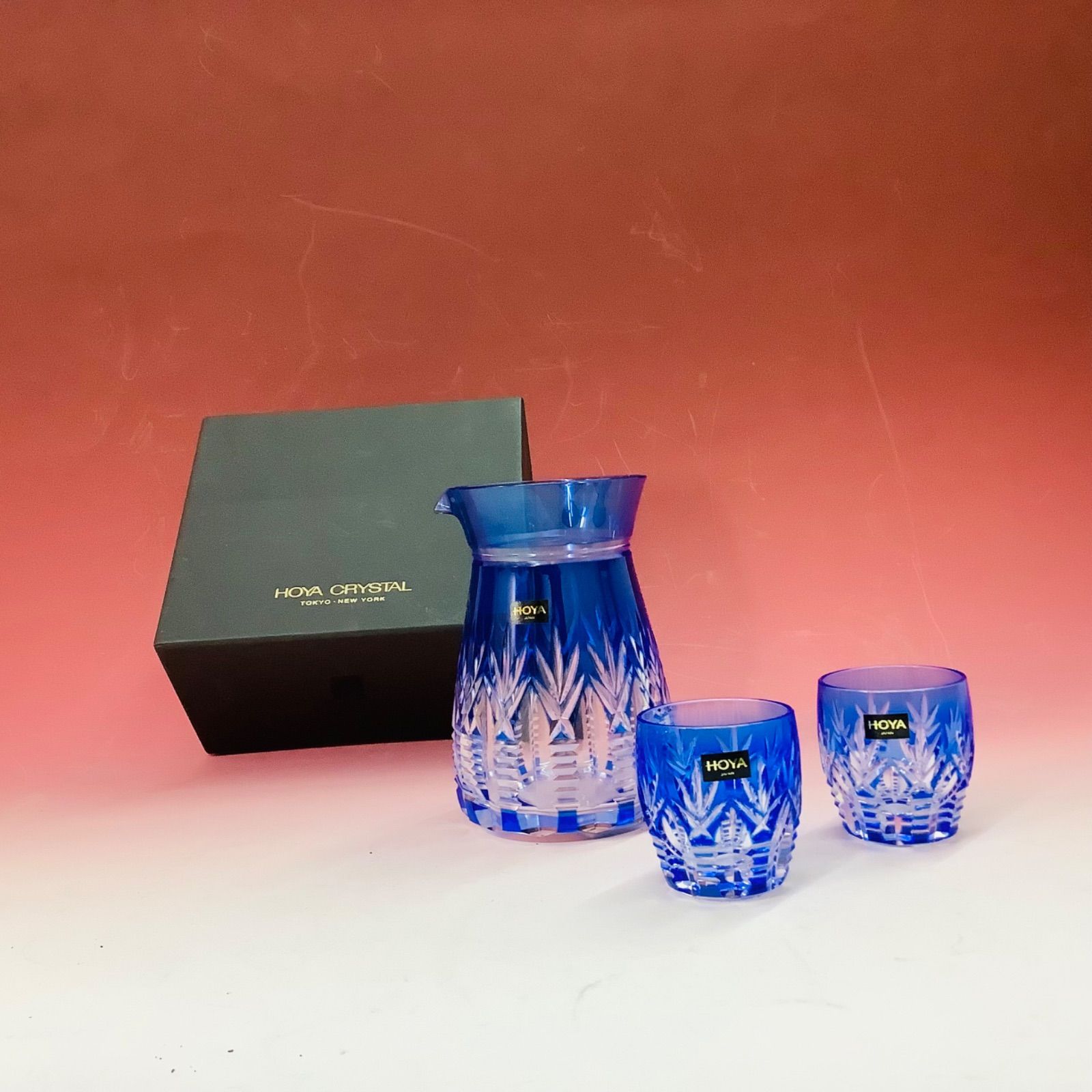 【超希少 美品】☆HOYA   ホヤ  クリスタル  瑠璃切子小付 セット 希少 HOYA クリスタル 切子冷酒セット（瑠璃色）未使用品 箱付き