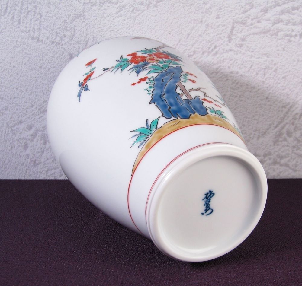 人間国宝 十四代酒井田柿右衛門 錦 花鳥文花瓶 極美品 共箱・栞付