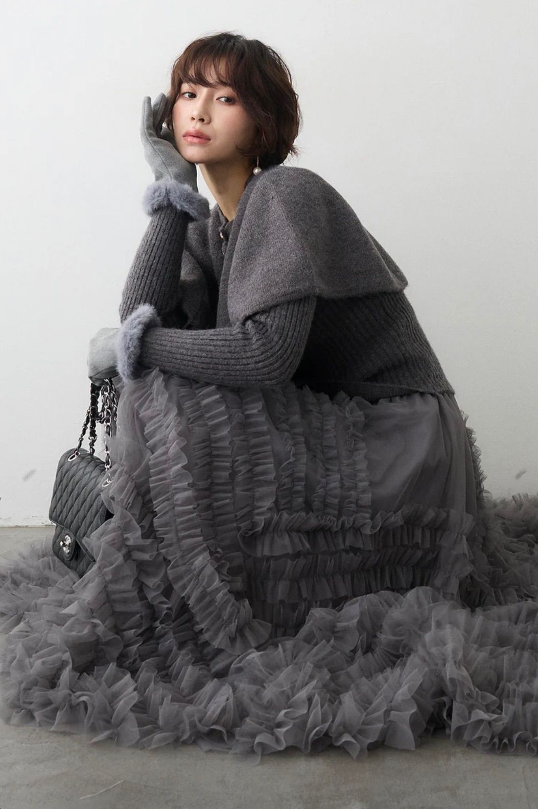 SET】ミックス釦ケープ2wayニット グレー+スフレアシメチュール