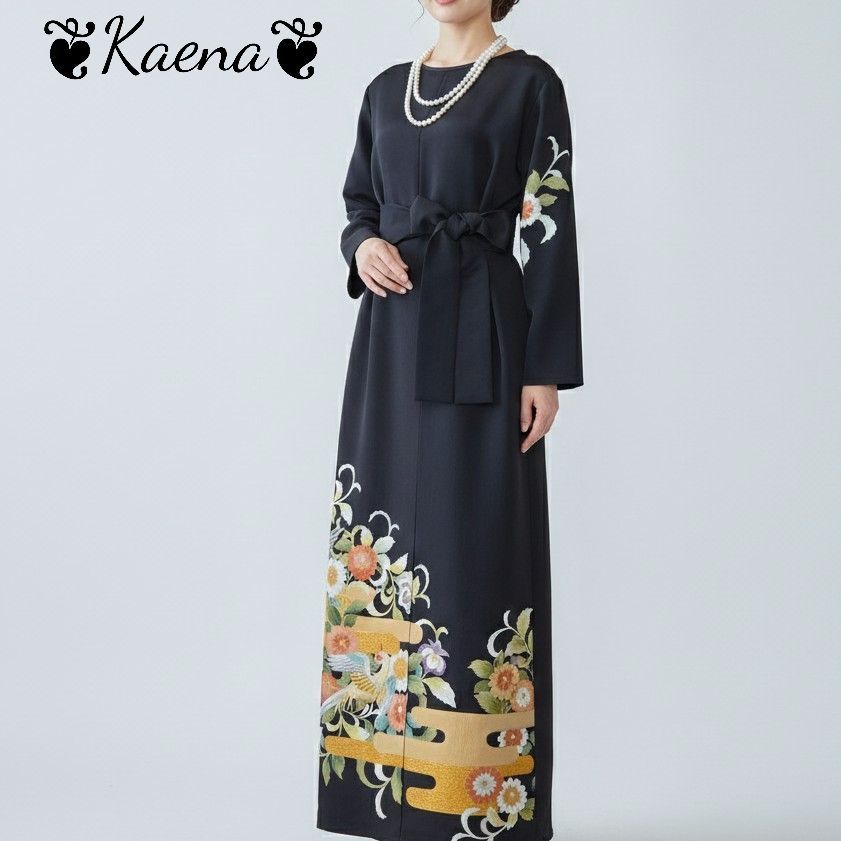 ❦Kaena❦ 着物リメイク ワンピース ロング マキシ ドレス Aライン 黒
