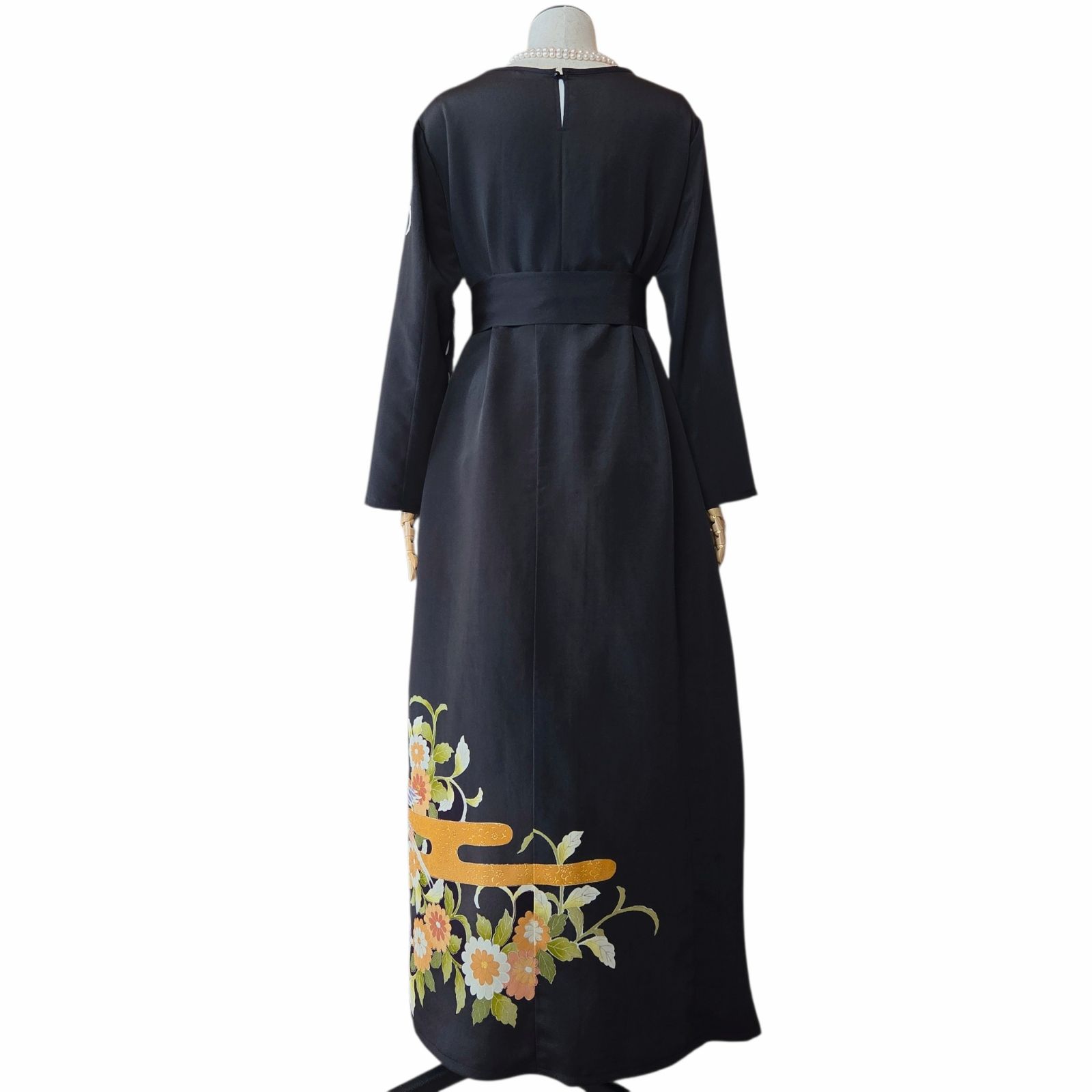 着物リメイク　タック　ワンピース　作家物　黒留袖　ロング　Aライン　ドレス　金箔 ❦Kaena❦ 着物リメイク ワンピース ロング マキシ ドレス Aライン 黒