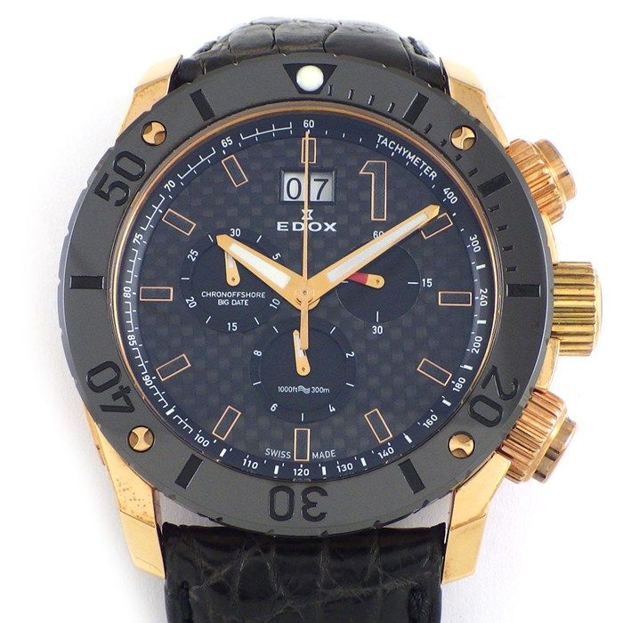 エドックス EDOX 腕時計 クロノオフショア1 10020 ブラック文字盤 デイト クロノグラフ スモールセコンド 裏スケ クロコダイルレザーベルト SS GP クオーツアナログ