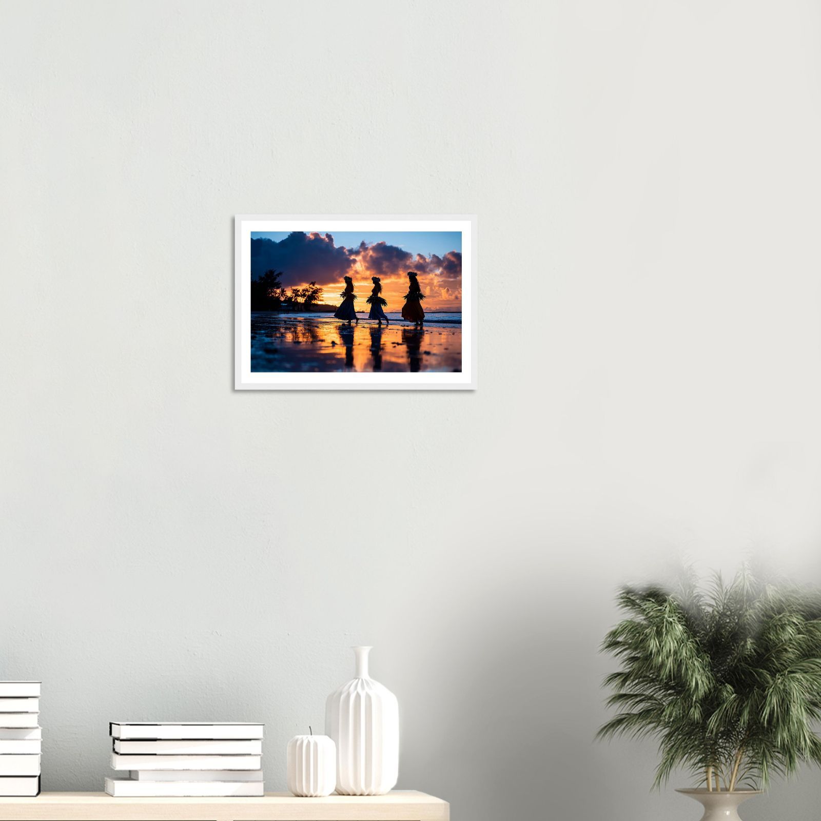 ハワイアンアート A4｜夕焼け浜辺のフラ三人｜ヴィンテージ ハワイ