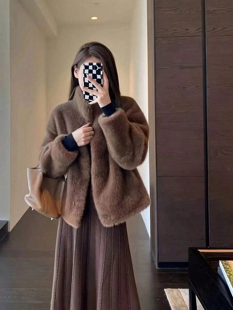 ブラウンファーオープンフロントコート レディース 秋冬 フォックスファー オープンフロント ファジーコート