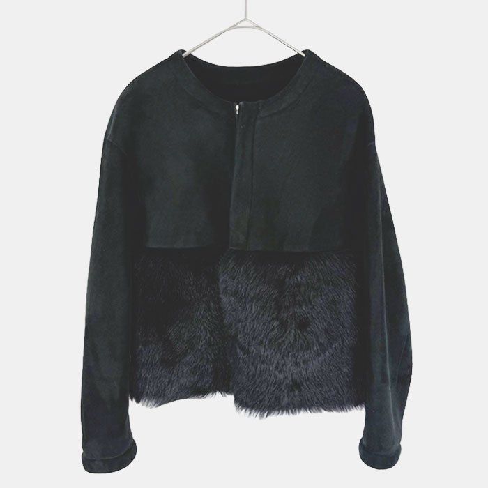 Drawer ドゥロワー ムートンコート ブラック ファー切替 ノーカラー 羊革