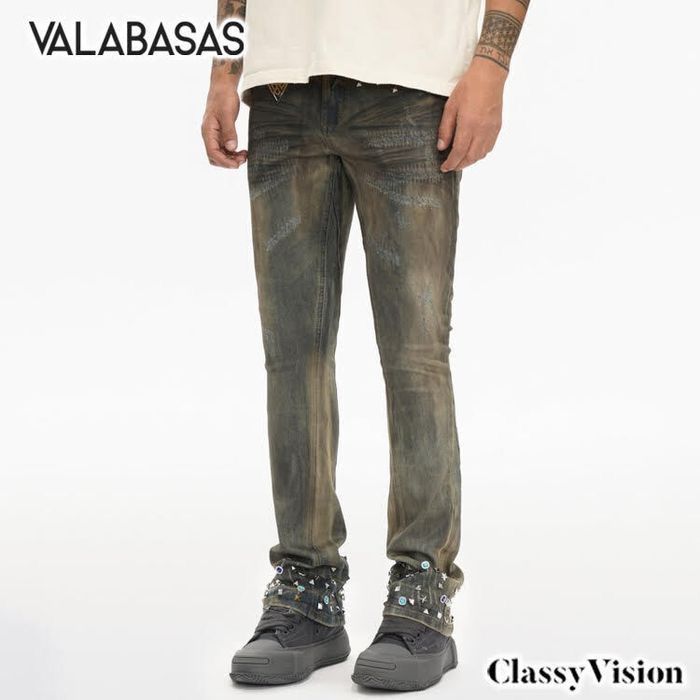 VALABASAS スキニー VALABASAS / ヴァラバサス パッチフェード ブラック スキニー パンツ