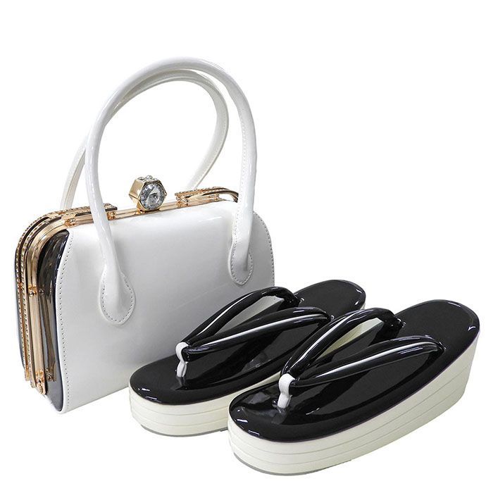 和装 草履バッグセット 振袖用 エナメル 黒×白 3枚芯 フリーサイズ NISHIORI 振袖用 草履 バッグ セット レース生地 3枚芯 選べる6色 ラメ