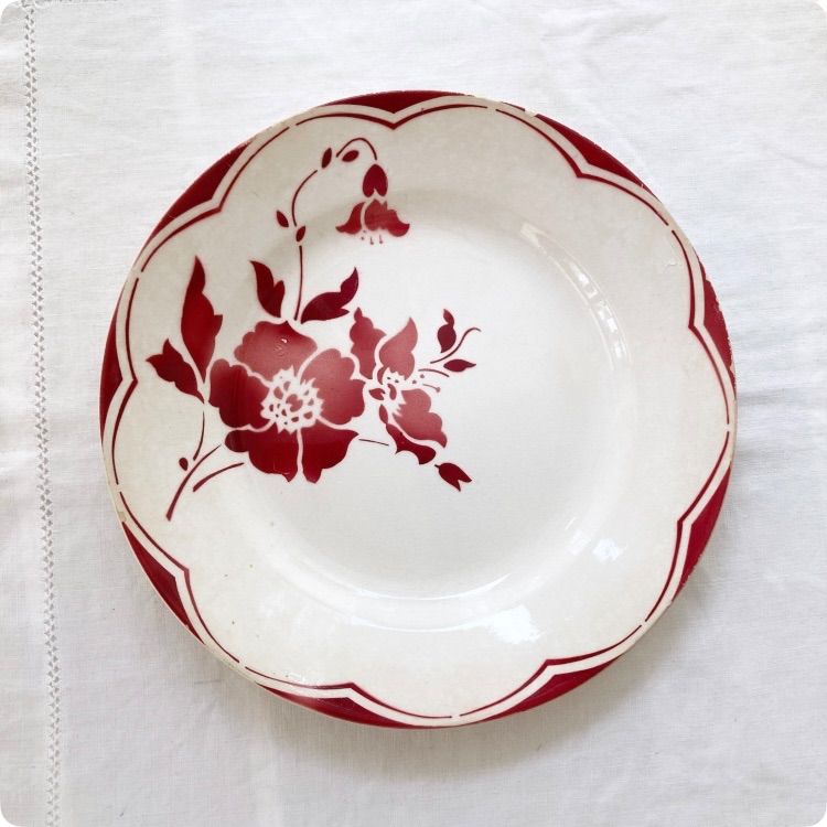 フランスアンティーク 皿｜GIEN 赤い花柄 プレート｜1900年代初期
