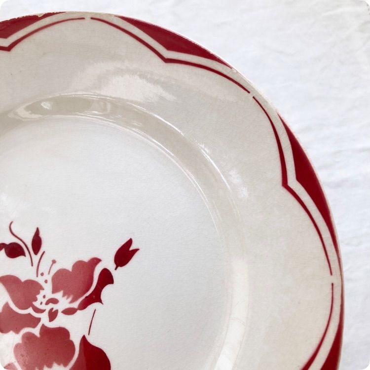 フランスアンティーク 皿｜GIEN 赤い花柄 プレート｜1900年代初期