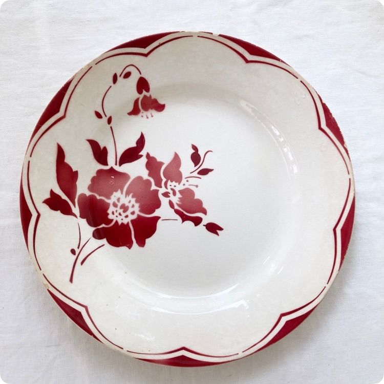 フランスアンティーク 皿｜GIEN 赤い花柄 プレート｜1900年代初期