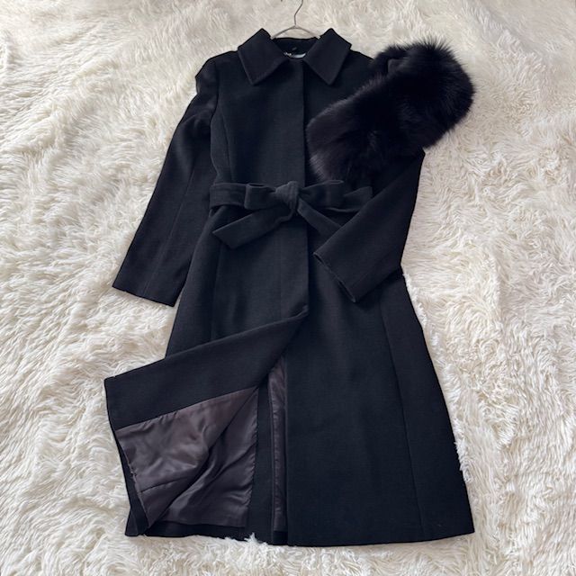 INED イネド Aライン ロングコート ベルト付き アンゴラ混 フォックス