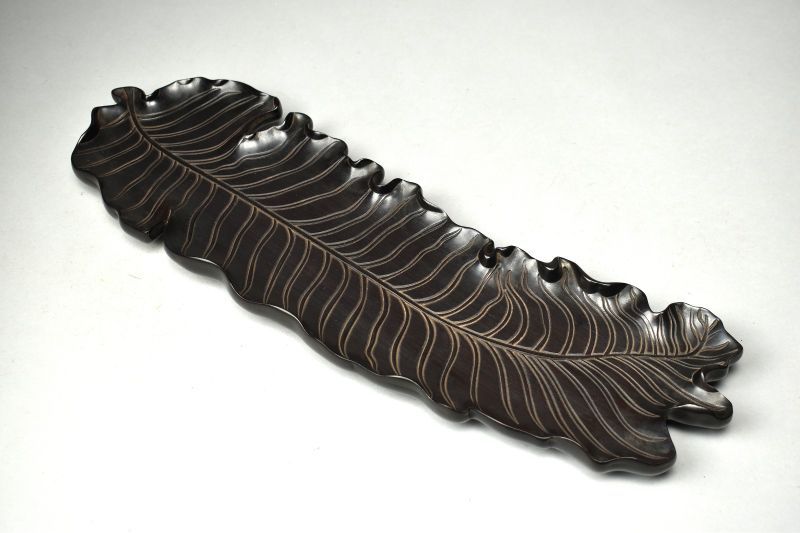 蔵A 5886 時代 唐木葉形煎茶盆 50㎝