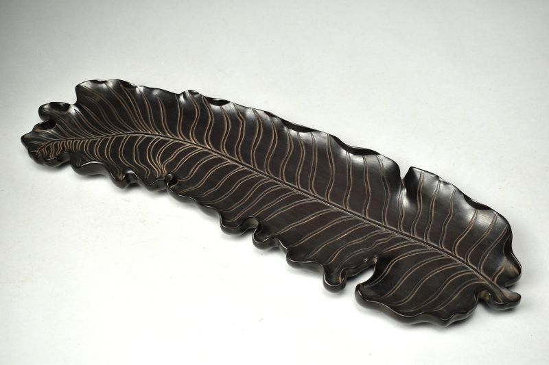 蔵A 5886 時代 唐木葉形煎茶盆 50㎝