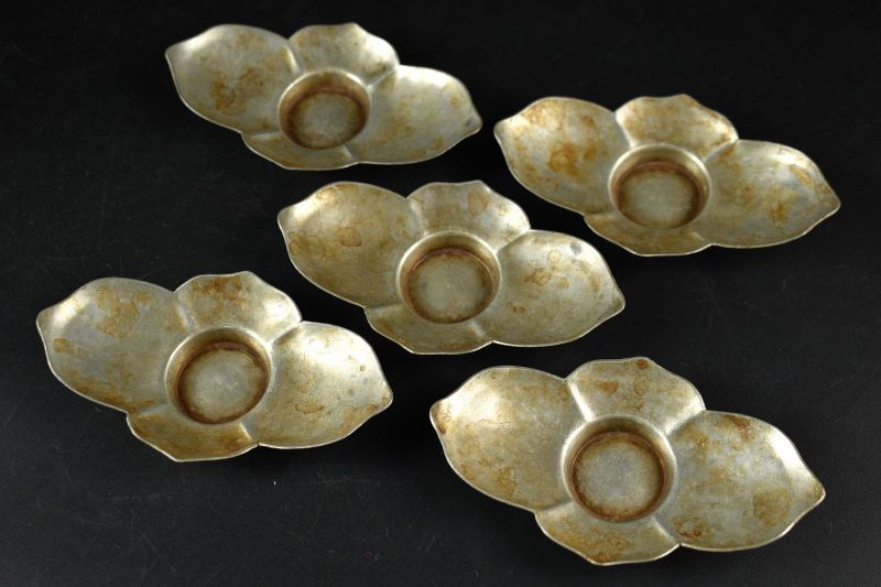 蔵A 5891 c 唐物 時代 古錫茶托 五枚 煎茶道具 清朝末～民国