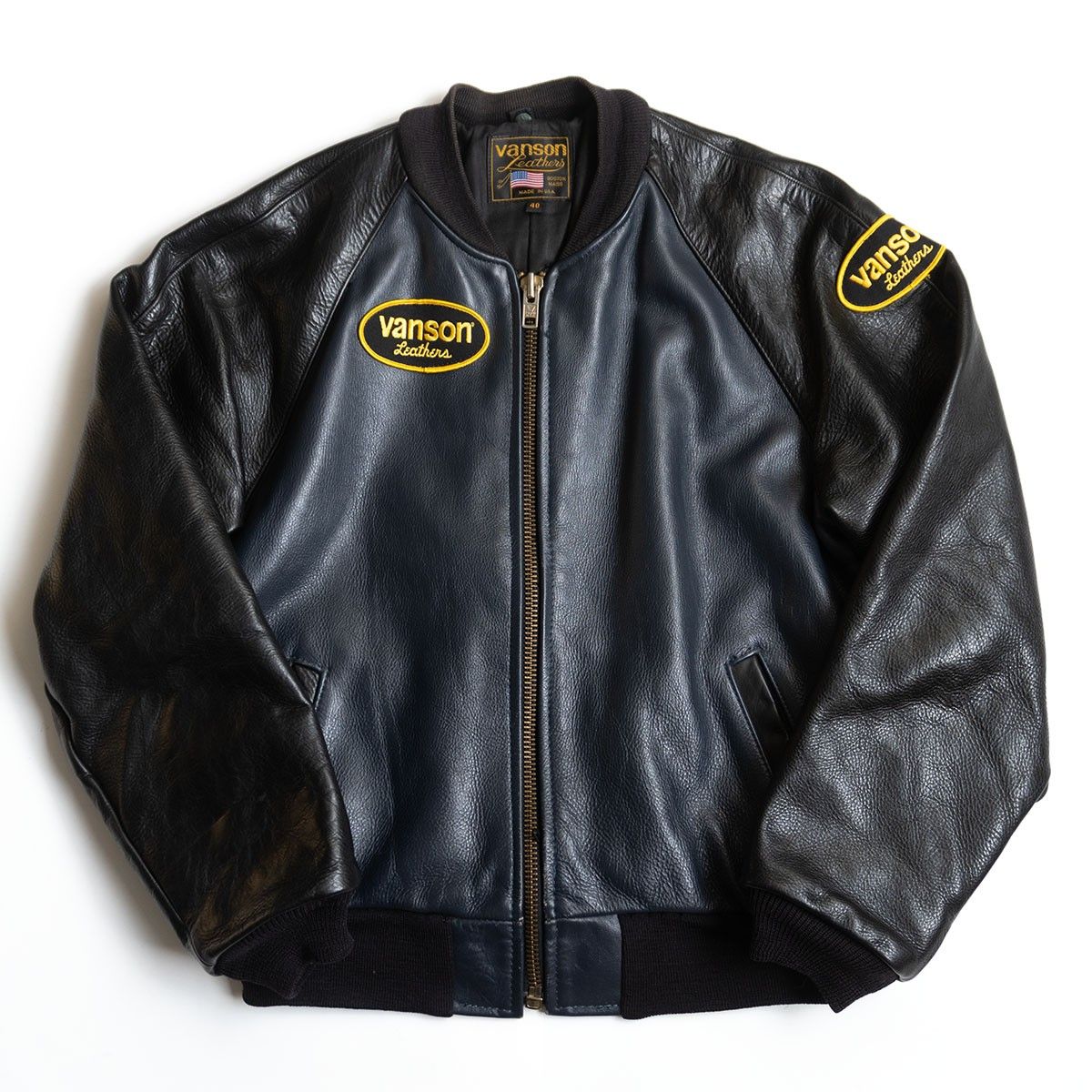 美品】 VANSON 【TJV オールレザー スタジャン】40 ブラック ネイビー