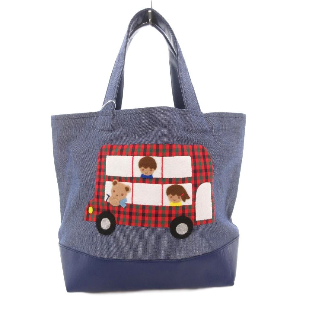 ファミリア Familiar タグ付き トートバッグ アップリケ ミニ バス 紺