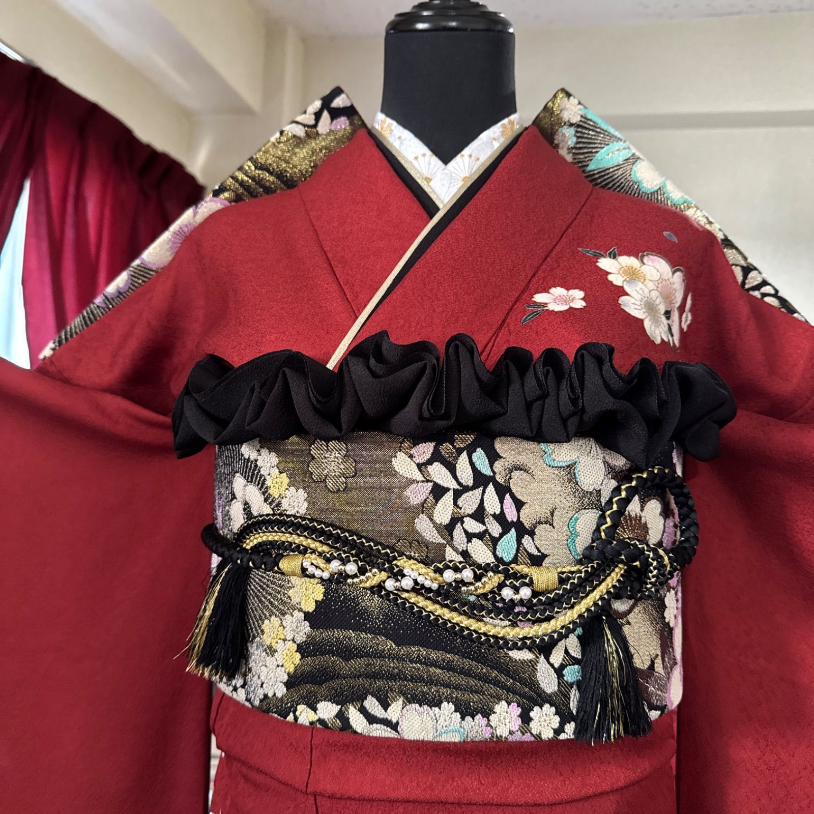 豪華振袖セット 4点 袋帯 重ね衿 帯揚げ 古典柄 京都きもの友禅 ソフトガード加工 鼓 染め分け 地紋 正絹 駒刺繍 鞠 桜