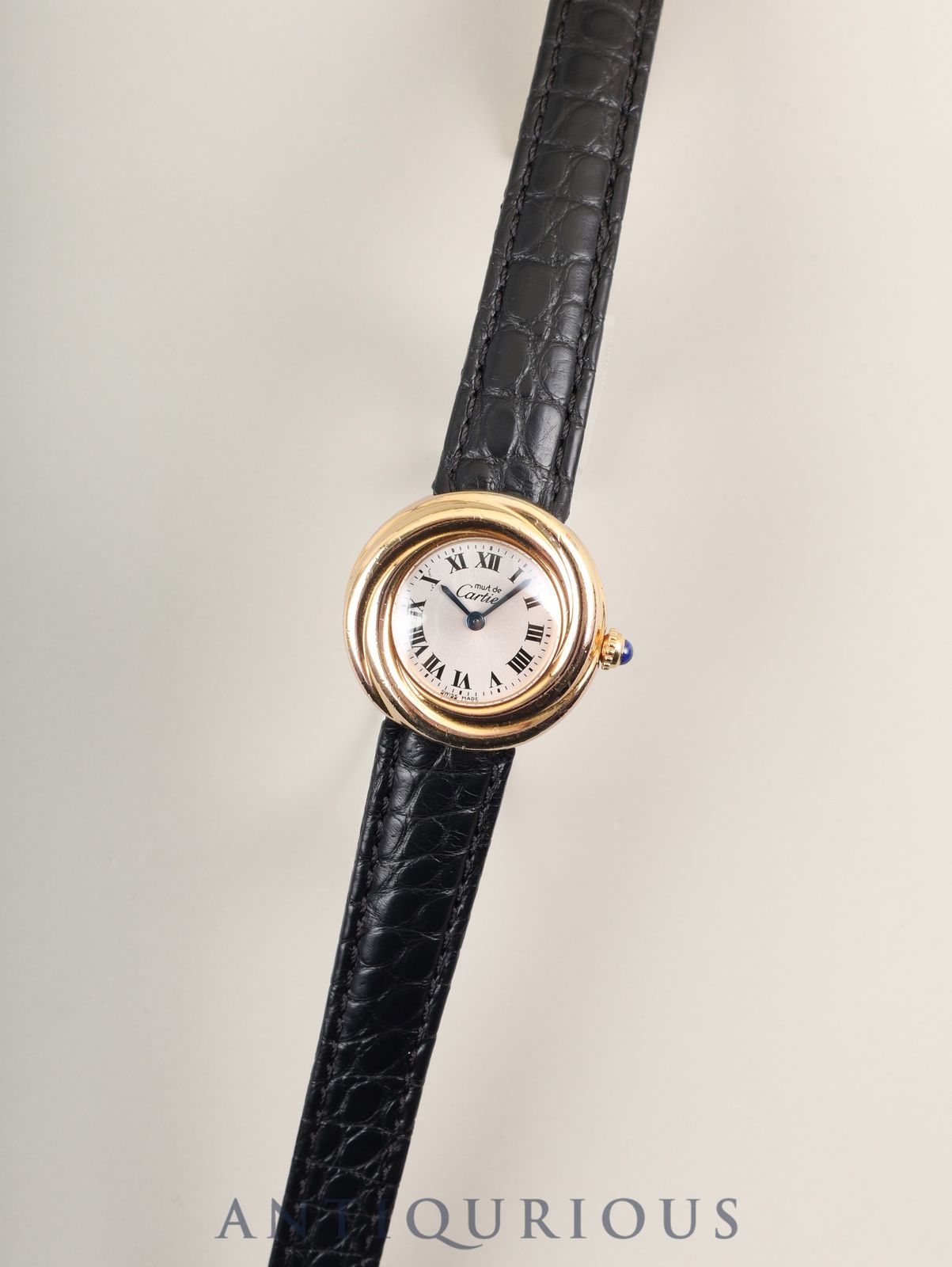 カルティエ マストトリニティ 2438 クォーツ Cal.157 SV 925 革 Dバックル GP シルバーローマン文字盤 箱 オーバーホール済み