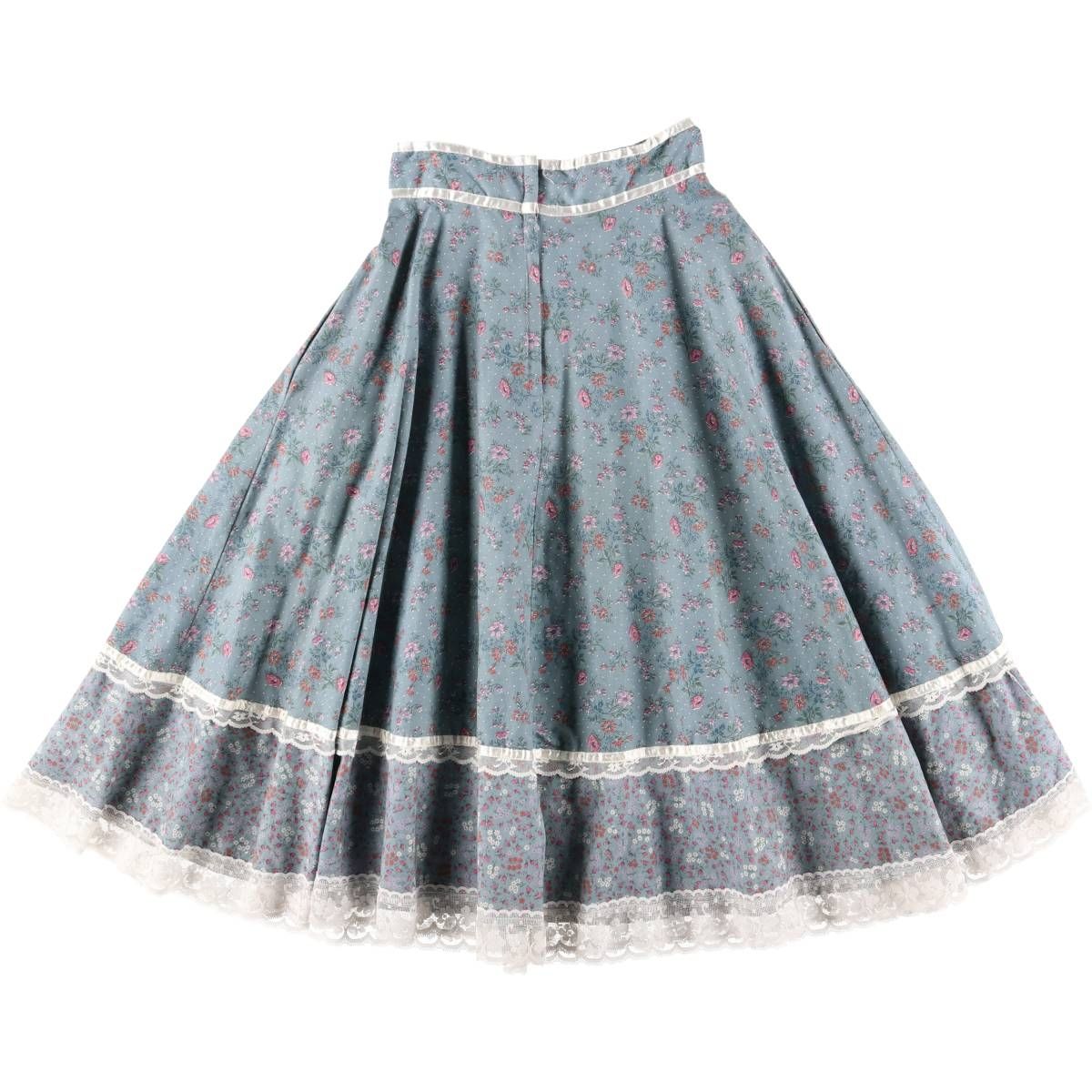 古着 70年代 ガンネサックス GUNNE SAX 総柄 花柄 ドット柄 レースアップ コットン ミモレ丈 フ スカート |eaa 603470