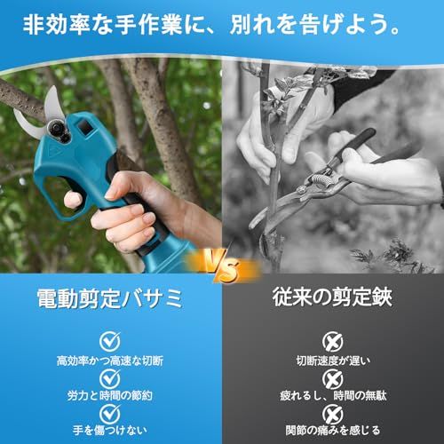 電動剪定バサミ えだきりばさみ 充電式剪定ばさみ 21 V 800 W 40 mm 30 切断径 2000 mAh*2大容量バッテリー付き 2段階調整 コードレス 切断回数と残量表示ディスプレー ブラシレスモーター電動剪定鋏 園芸用ばさみ b 3552 a 00