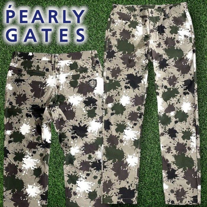 PEARLY GATES パーリーゲイツ ゴルフ コットン混 微起毛 ペイントカモ柄 迷彩柄 ストレッチ ロングパンツ ゴルフウェア 053-2131009 定価3.1万 ミックスカーキ ブラック ▲035 50226 w 16