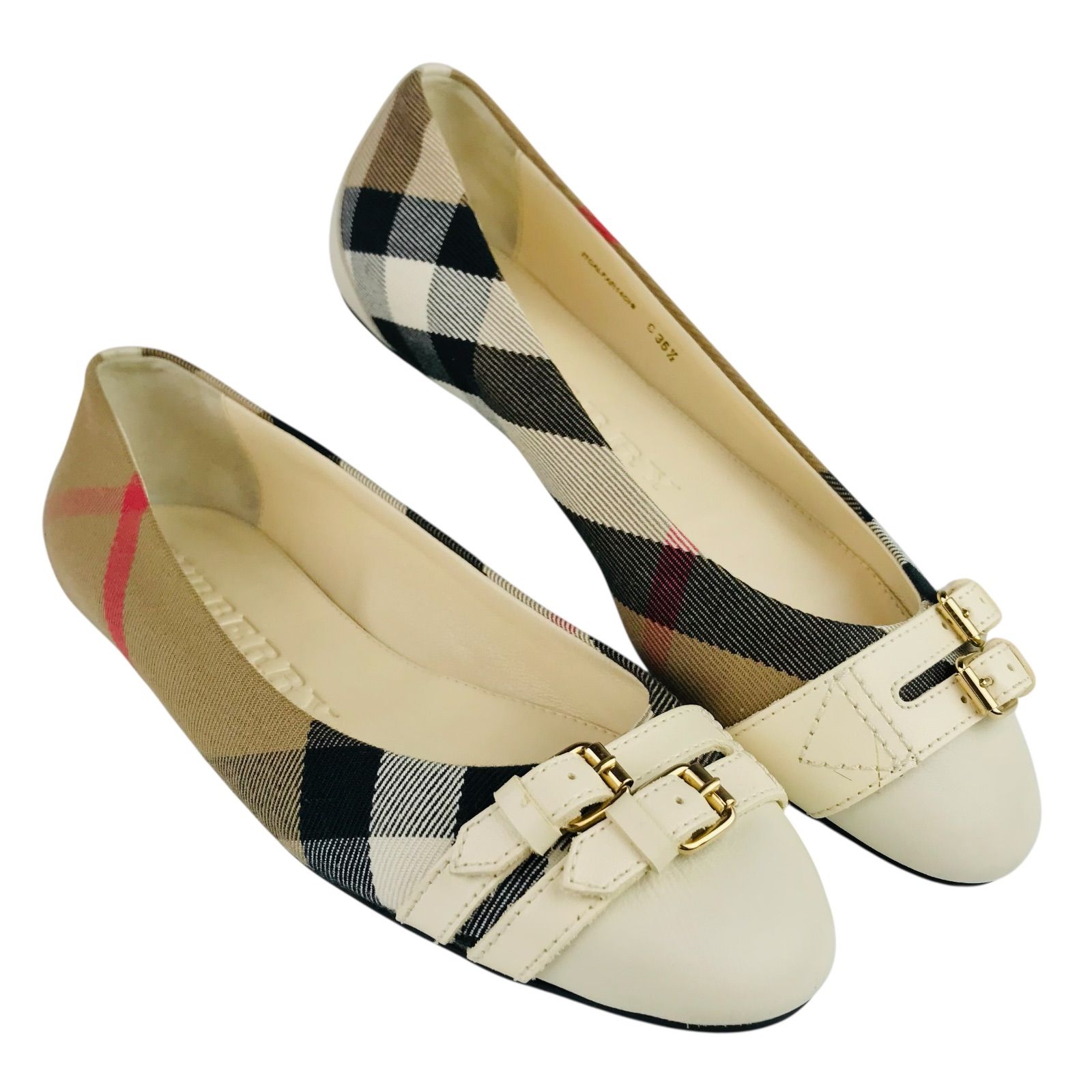 バーバリー レディース レザーキャンバス切替し メガチェック柄 レザーストラップ付き フラットシューズ 36.5|23.5㎝相当 イタリア製 ブランド レディースシューズ カジュアル ノヴァチェック 冬物