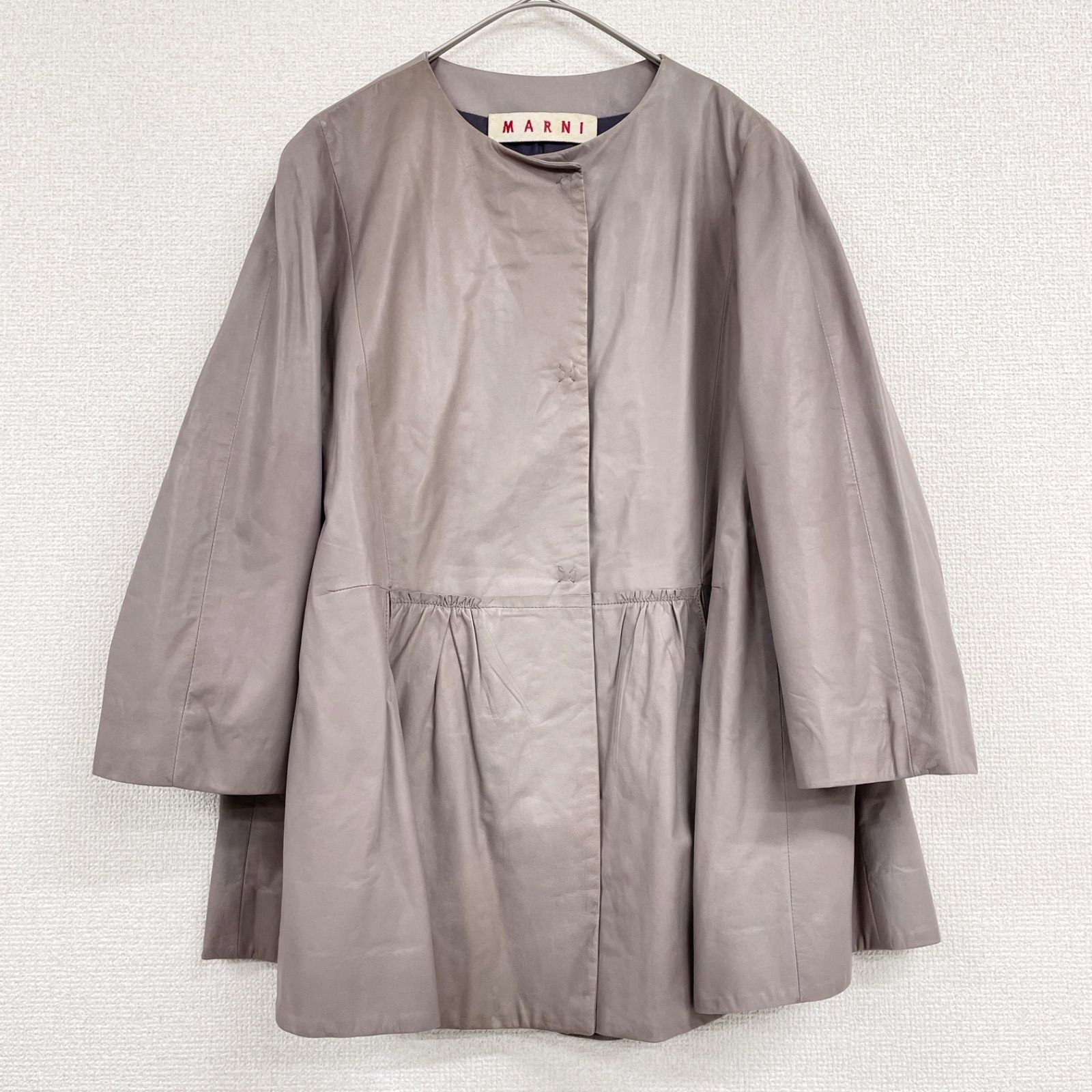 MARNI マルニ レザージャケット ノーカラー ペプラム 羊革 ラムレザー 牛革 アセテート ブラウン イタリア製 レディース 40