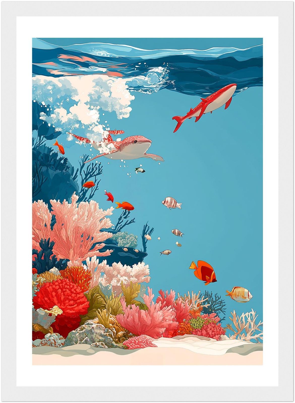 ハワイアンアート A4｜サンゴ礁を泳ぐサメと熱帯魚｜ヴィンテージ