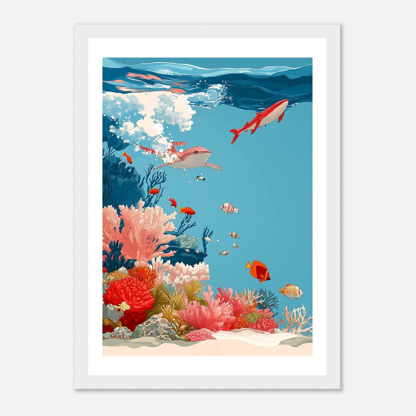 ハワイアンアート A4｜サンゴ礁を泳ぐサメと熱帯魚｜ヴィンテージ