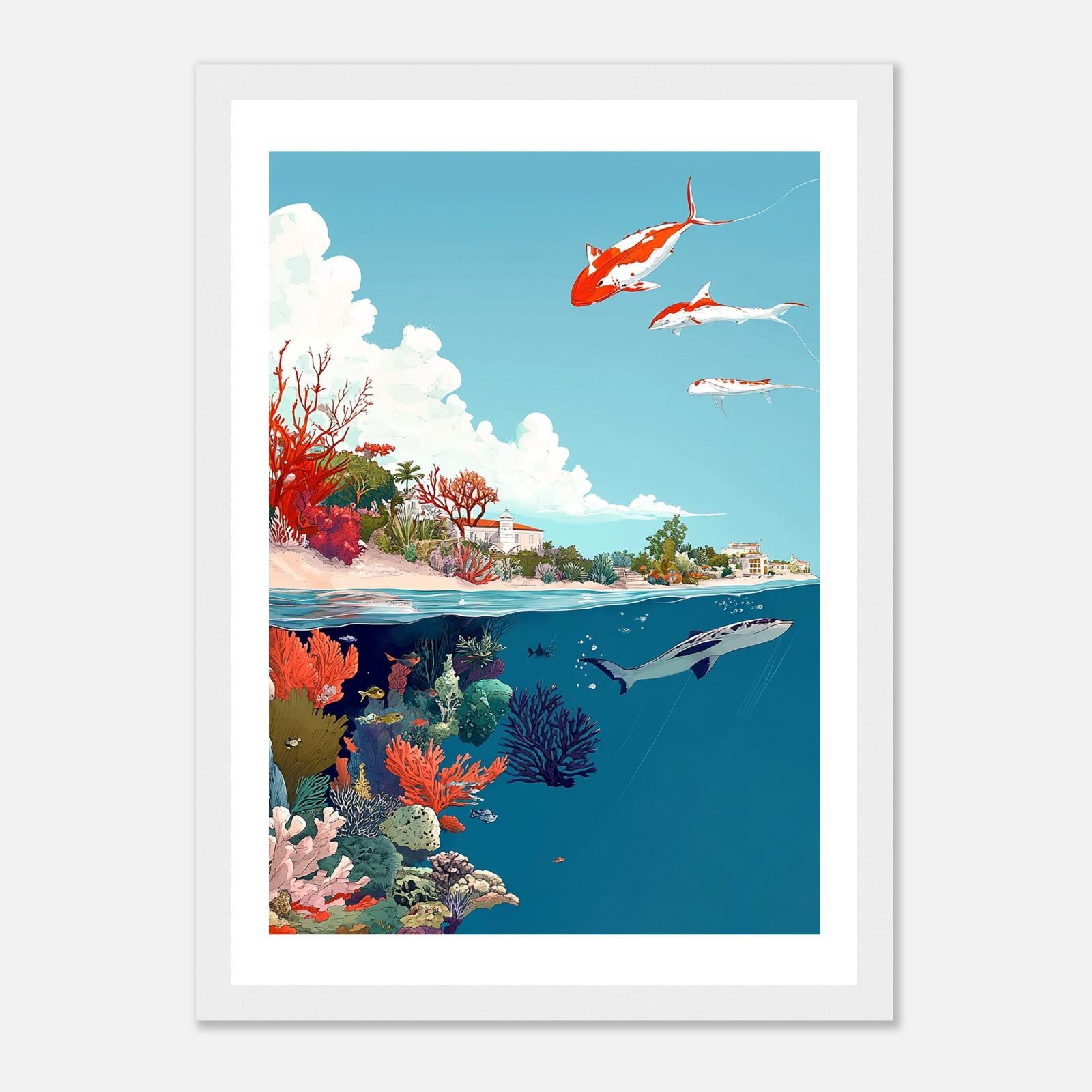 ハワイアンアート A4｜海と島をつなぐサメの遊泳｜ヴィンテージ ハワイ