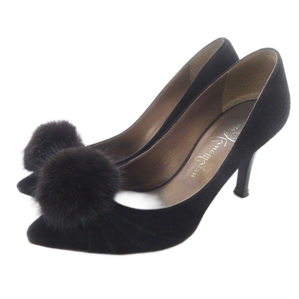 銀座　カネマツ　黒　パンプス　靴　スェード　ピンヒール　23.5 銀座かねまつ GINZA Kanematsu パンプス ピンヒール スエード 22cm 黒