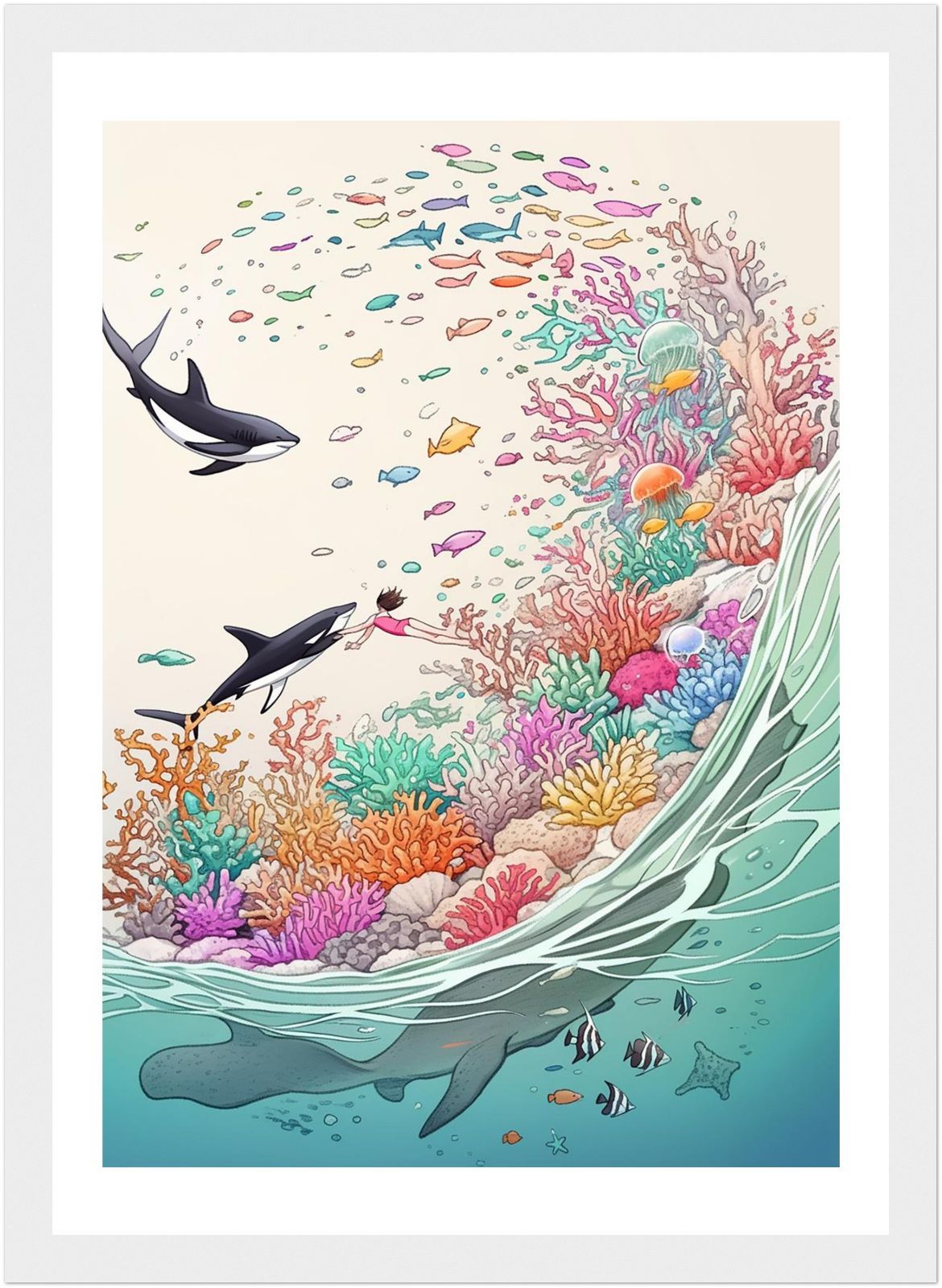 ハワイアンアート A4｜珊瑚の海を泳ぐサメと少女｜ヴィンテージ ハワイ