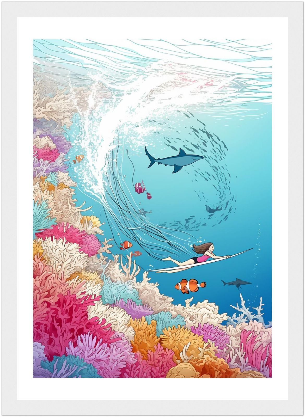 ハワイアンアート A4｜珊瑚礁を滑るサーフガールとサメ｜ヴィンテージ