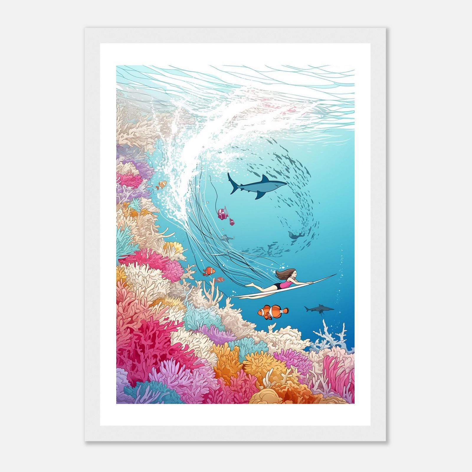 ハワイアンアート A4｜珊瑚礁を滑るサーフガールとサメ｜ヴィンテージ