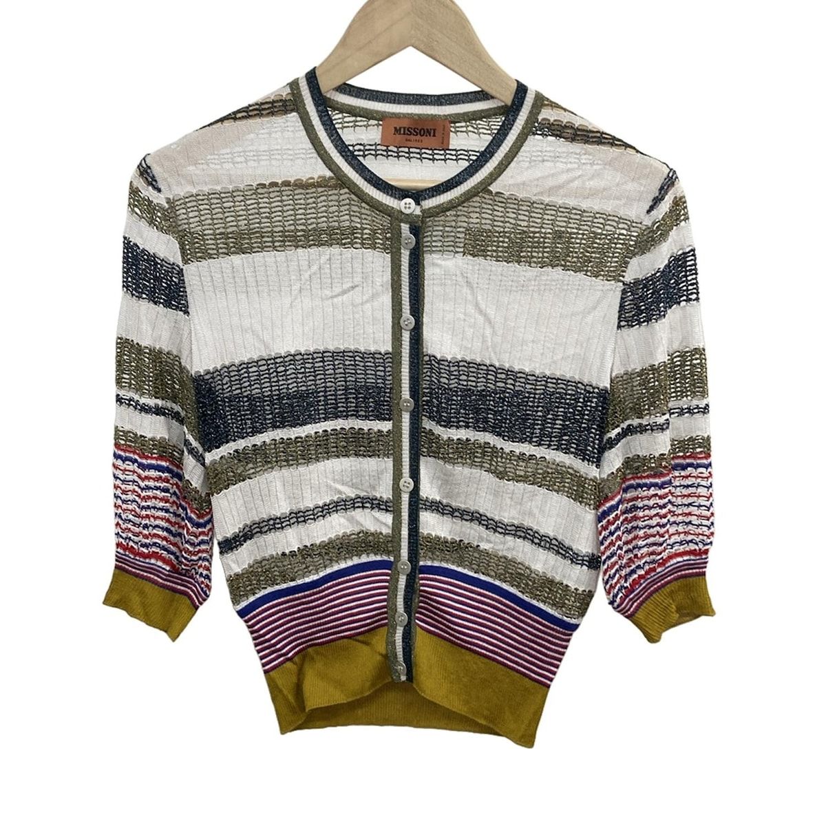 MISSONI ミッソーニ カーディガン サイズ42 M レディース - 白×ダークネイビー×マルチ 七分袖|ラメ