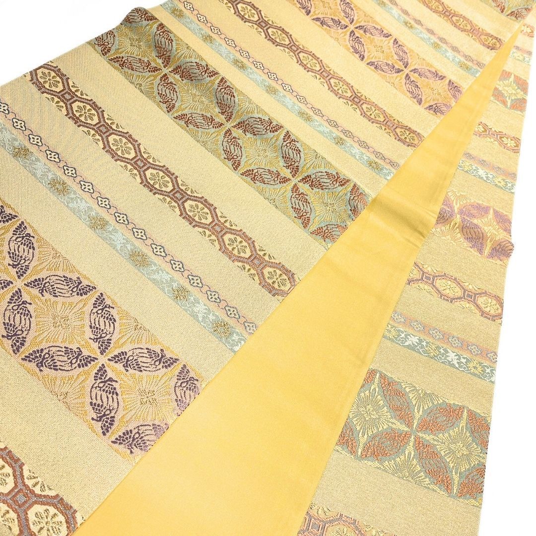 袋帯　織悦　全通　横縞　格子　花菱　金糸　着物　102b p 袋帯 織悦 全通 横縞 格子 花菱 金糸 着物 102b p 袋帯 織悦 全通 横縞