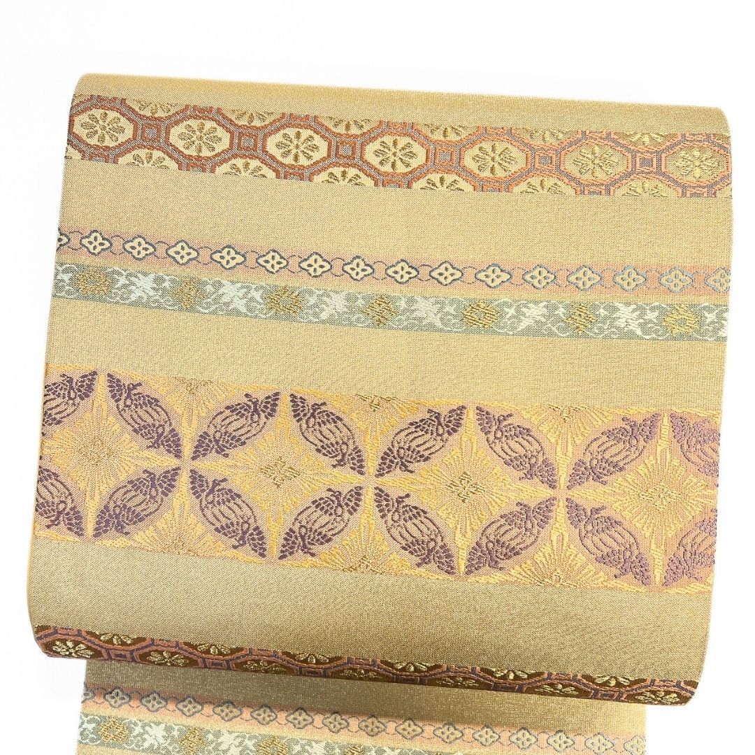 袋帯　織悦　全通　横縞　格子　花菱　金糸　着物　102b p 袋帯 織悦 全通 横縞 格子 花菱 金糸 着物 102b p 袋帯 織悦 全