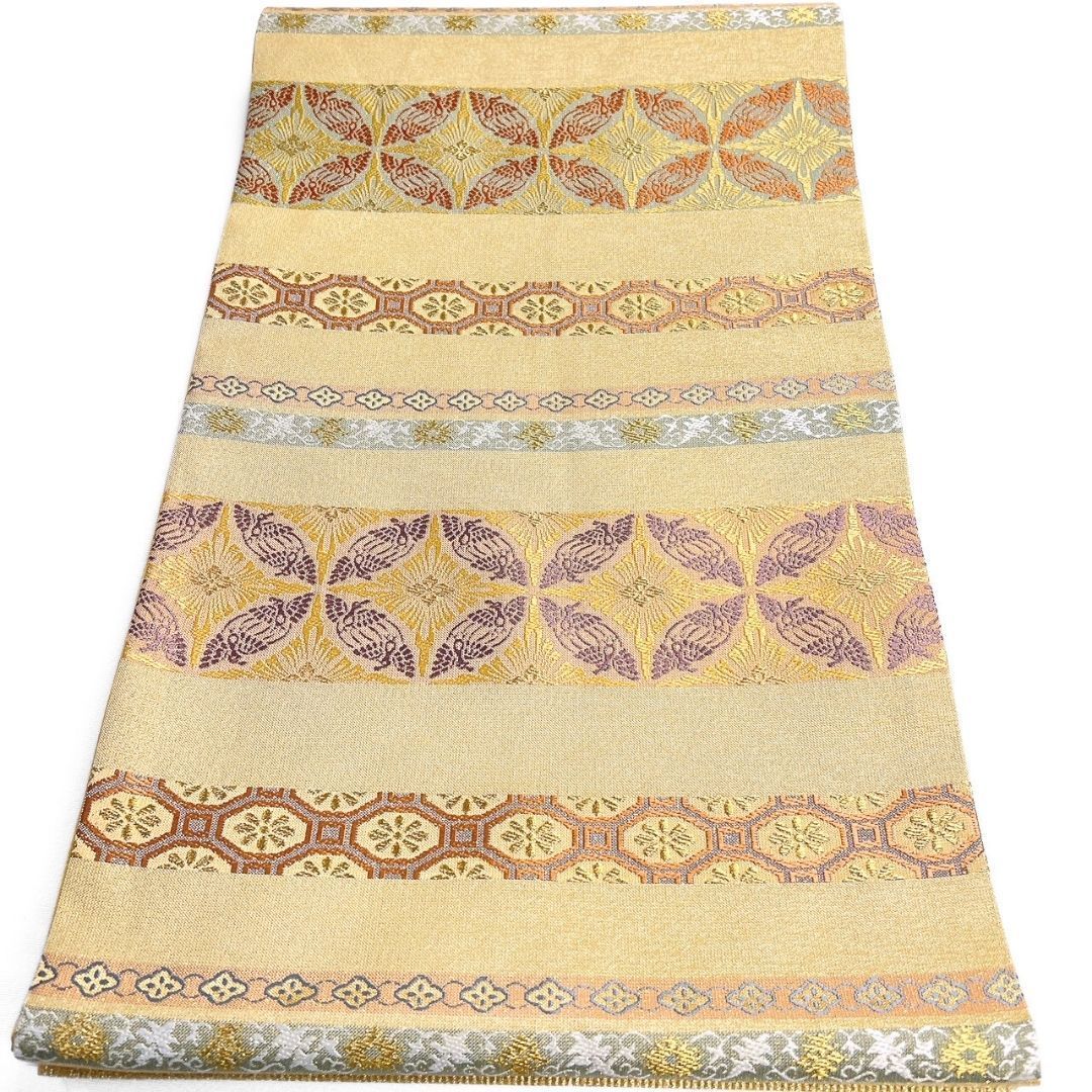 袋帯　織悦　全通　横縞　格子　花菱　金糸　着物　102b p 袋帯 織悦 全通 横縞 格子 花菱 金糸 着物 102b p