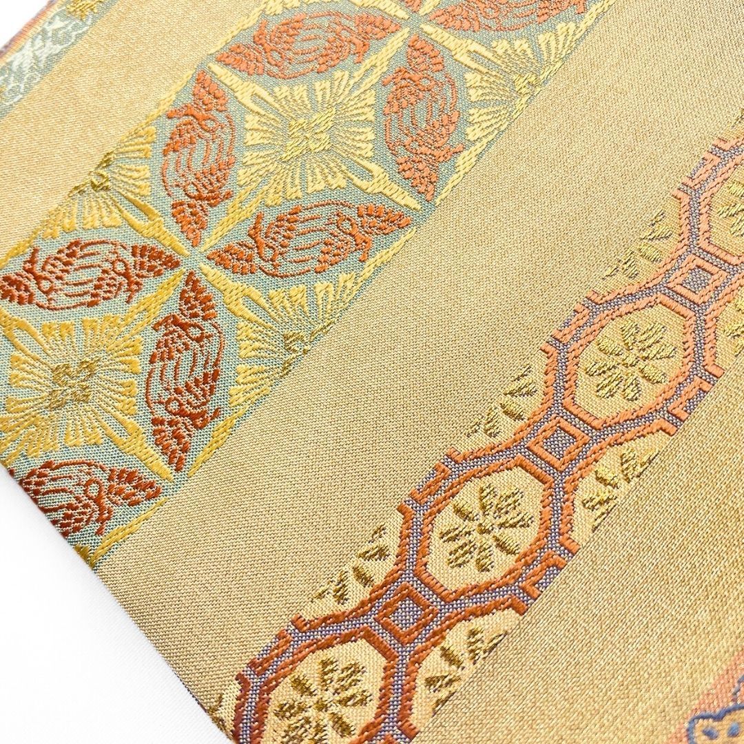 全通 綴れ織 袋帯 横縞 花菱 花模様 金糸 着物 012b p ms - メルカリ