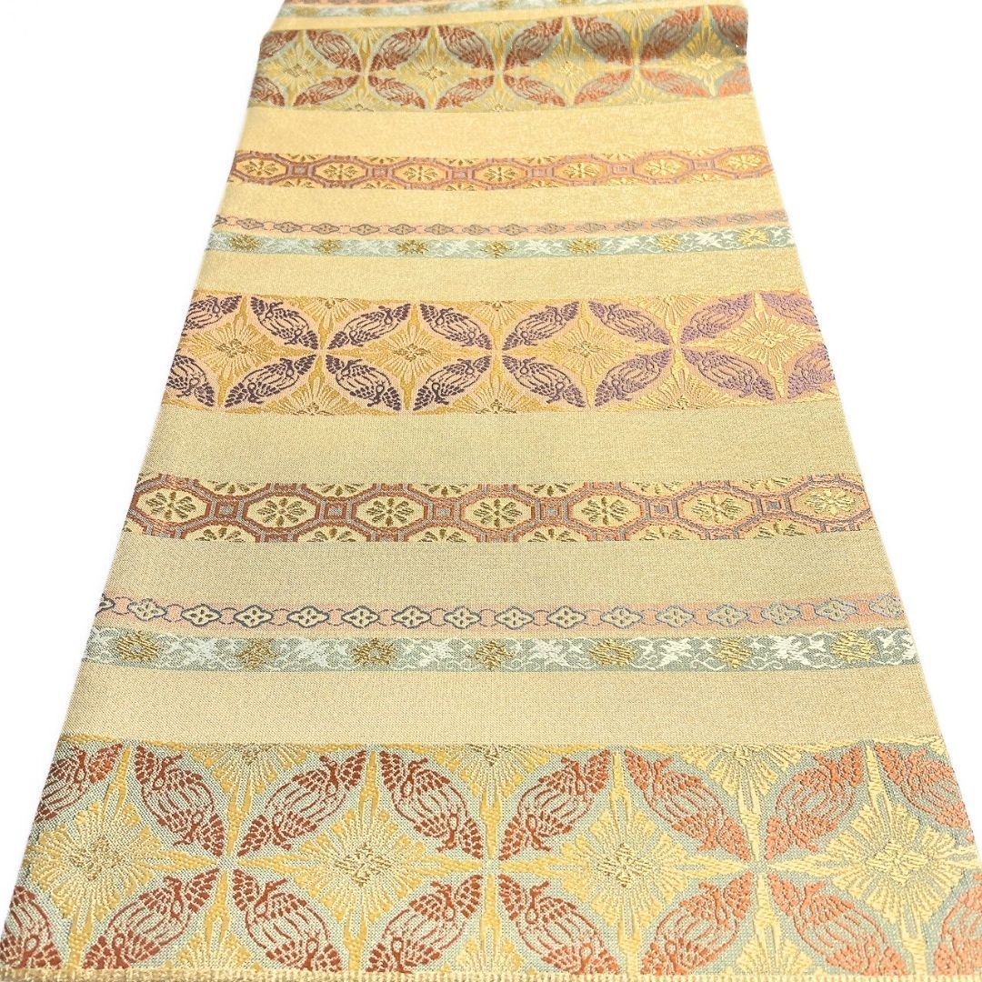 袋帯　織悦　全通　横縞　格子　花菱　金糸　着物　102b p 全通 綴れ織 袋帯 横縞 花菱 花模様 金糸 着物 012b p ms - メルカリ