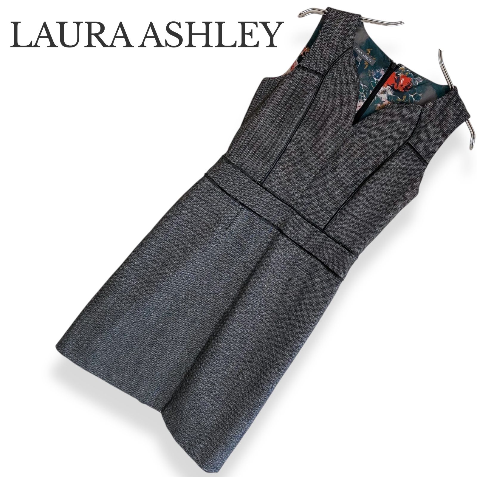 LAURA ASHLEY ローラアシュレイ ブラック ヘリンボーン ワンピース 