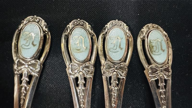 シルバースプーン STERING刻印アリ 4本セットエナメル装飾入り