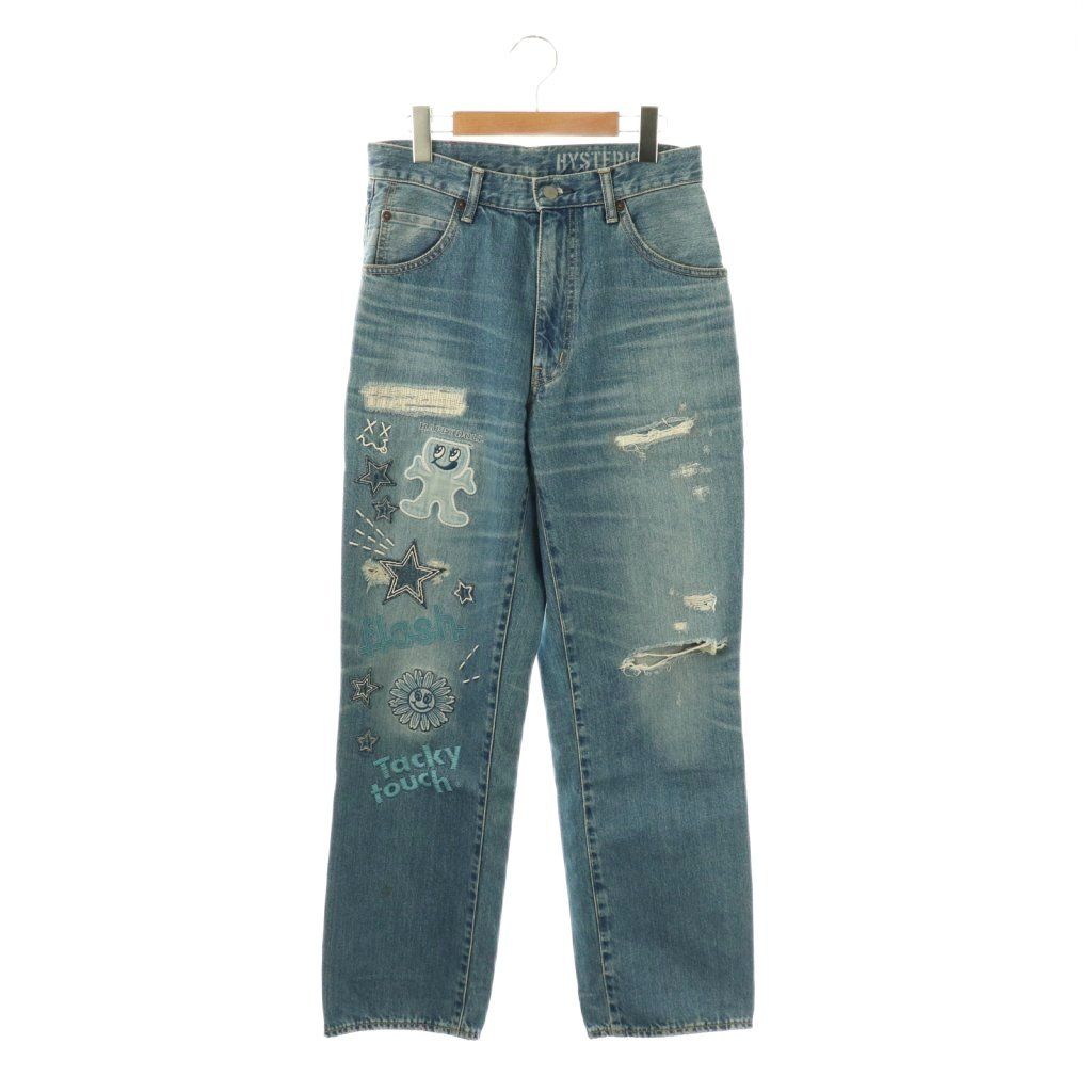 ヒステリックグラマー GLAMOUR HYS DOLL刺繍 ロールアップデニムパンツ ストレート 25 ブルー |HK OS