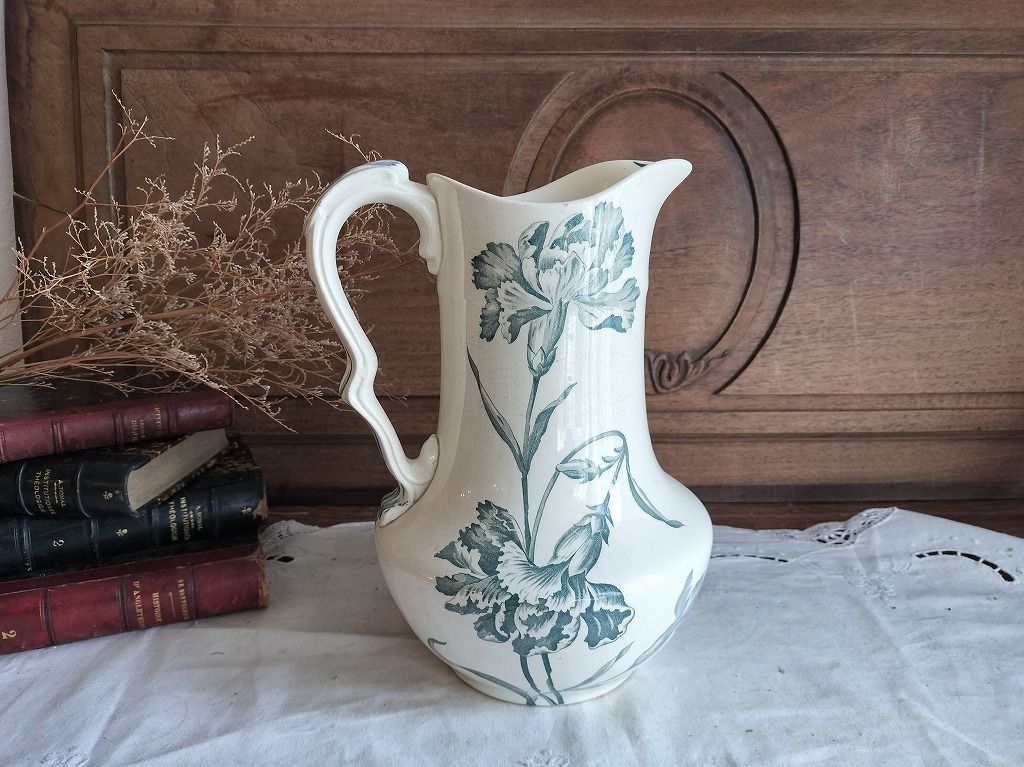 フランス アンティーク 大きい Longchamp 花装飾 陶器 ピッチャー 1900年