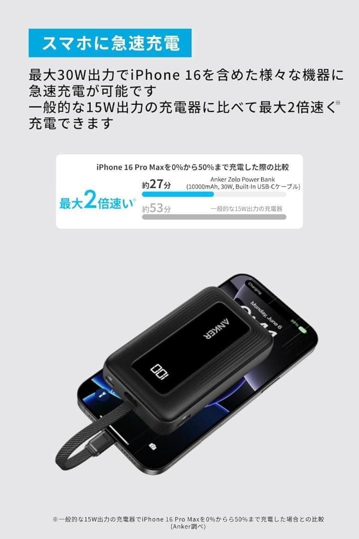 Anker Zolo Power Bank 10000mAh 30W ケーブル一体型 モバイルバッテリー ディスプレイ搭載 USB-C PD PowerIQ PSE適合 ブラック Anker Zolo Power Bank, 10,000mAh 30W Max Fast Portable