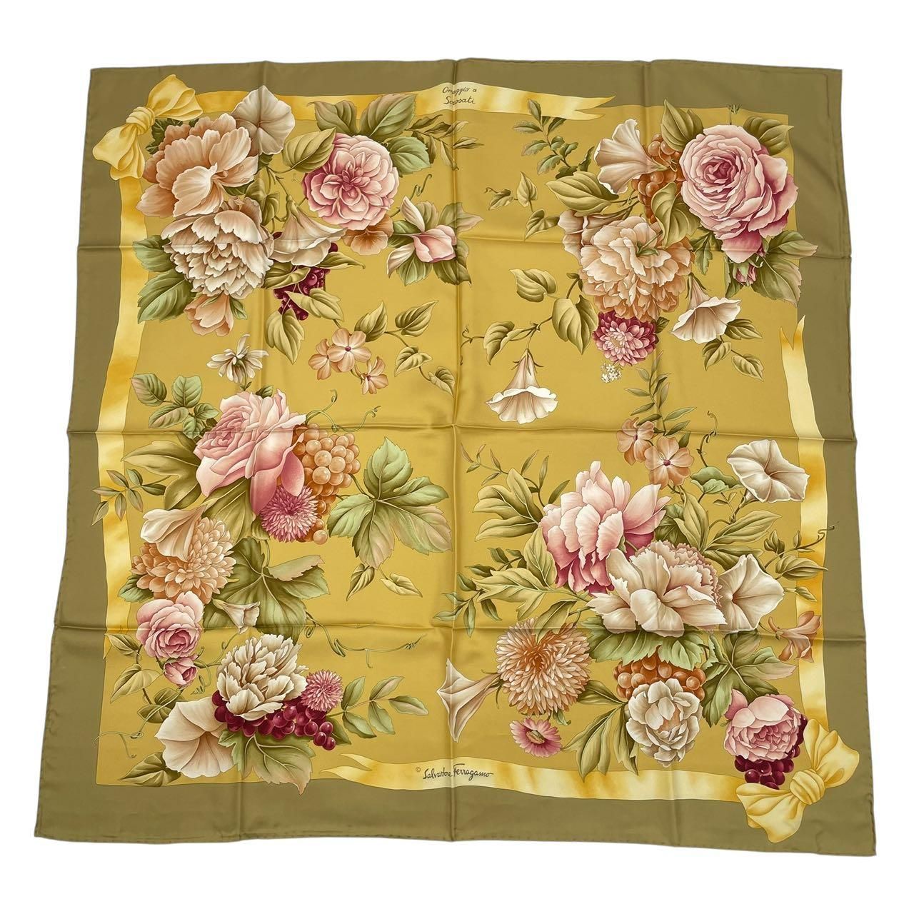 Salvatore Ferragamo サルヴァトーレ フェラガモ スカーフ 大判 シルク 花柄 イエロー