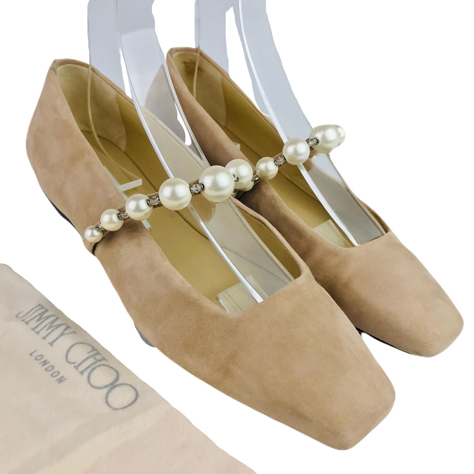JIMMY CHOO ジミーチュウ ADE FLAT レディース スエードレザー パールクリスタル付きストラップ スクエアトゥ フラットシューズ 37|24㎝相当 イタリア製 ブランド レディースシューズ 靴 バレエシューズ カジュアル